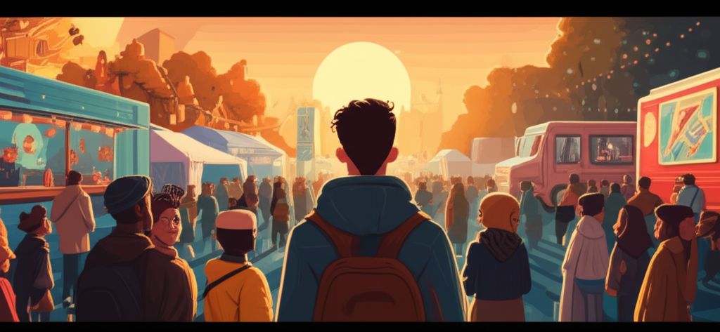 First-time visitor exploring a bustling festival with art and food